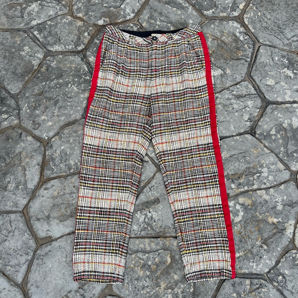 Free People Plaid Straight Leg Pants with Red Side Stripe